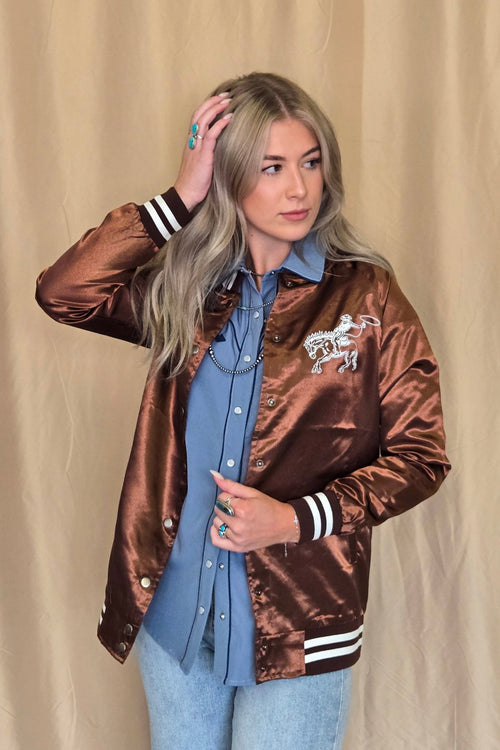 Honky Tonks & Broncs Satin Bomber Jacket - Cowhide and Conchos