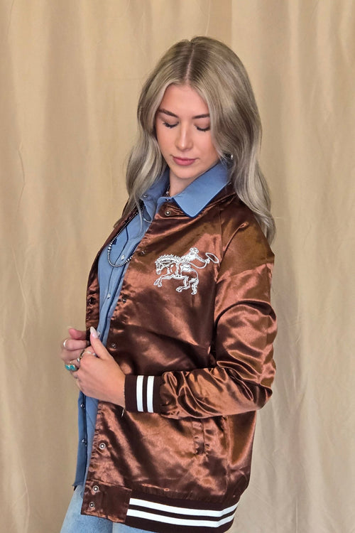Honky Tonks & Broncs Satin Bomber Jacket - Cowhide and Conchos
