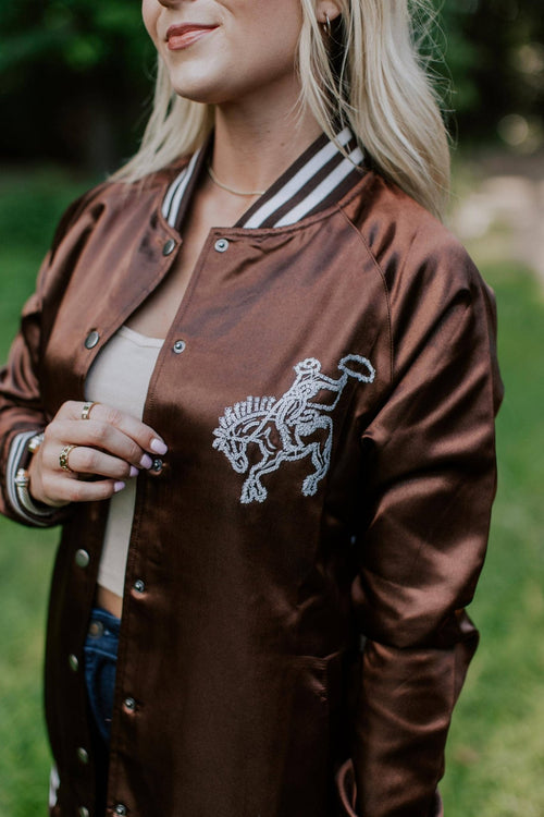 Honky Tonks & Broncs Satin Bomber Jacket - Cowhide and Conchos