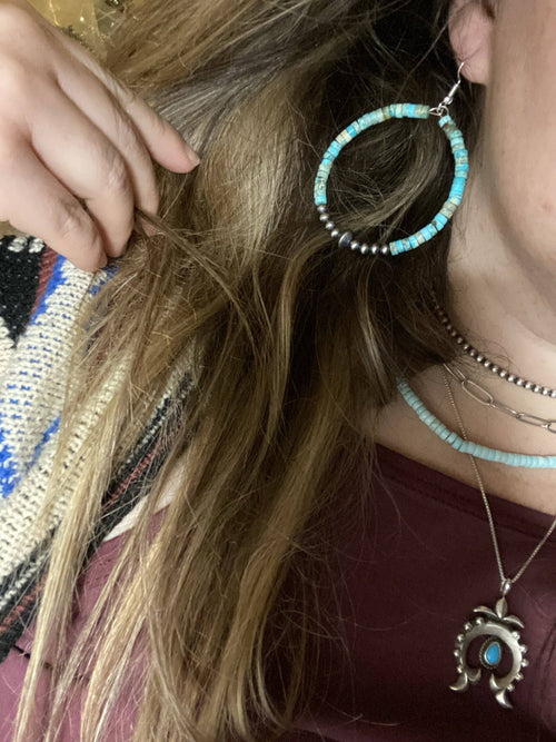 Hoop Earrings With Turquoise & Sterling Silver Pearls & Saucer - Cowhide and Conchos