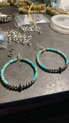 Hoop Earrings With Turquoise & Sterling Silver Pearls & Saucer - Cowhide and Conchos