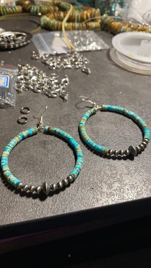 Hoop Earrings With Turquoise & Sterling Silver Pearls & Saucer - Cowhide and Conchos