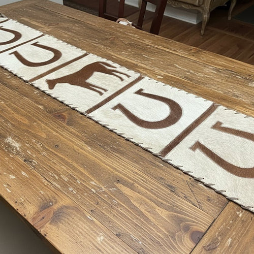 Horse and Horse Shoe with Fringes Table Runner - Cowhide and Conchos