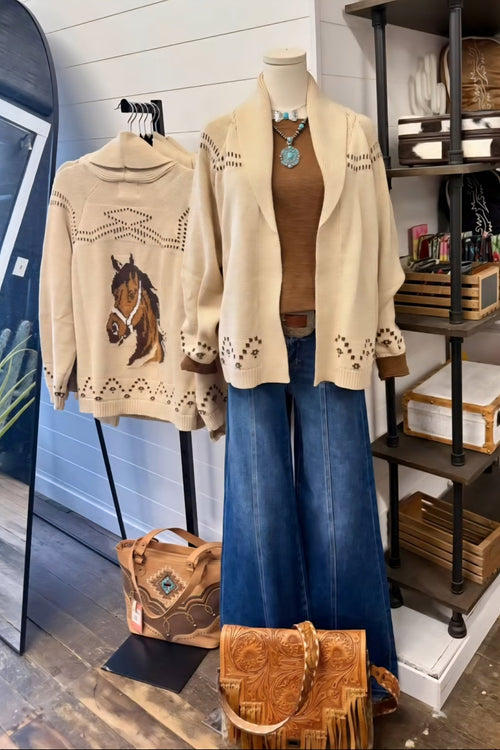 Horse Head Shawl Collar Knit Cardigan - Cowhide and Conchos