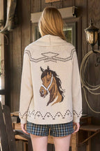 Horse Head Shawl Collar Knit Cardigan - Cowhide and Conchos