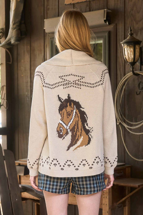 Horse Head Shawl Collar Knit Cardigan - Cowhide and Conchos