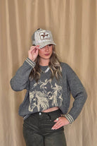 Horse Jacquard Long Long Sleeve Knit Sweater - Tan or Charcoal - Cowhide and Conchos