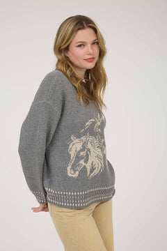 Horse Jacquard Long Long Sleeve Knit Sweater - Tan or Charcoal - Cowhide and Conchos