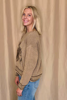 Horse Jacquard Long Long Sleeve Knit Sweater - Tan or Charcoal - Cowhide and Conchos