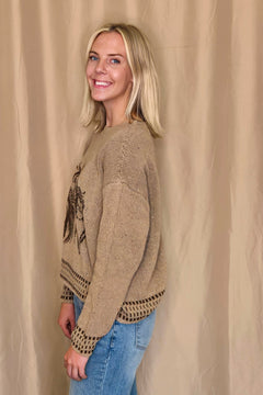 Horse Jacquard Long Long Sleeve Knit Sweater - Tan or Charcoal - Cowhide and Conchos
