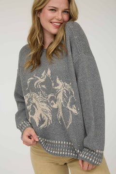Horse Jacquard Long Long Sleeve Knit Sweater - Tan or Charcoal - Cowhide and Conchos