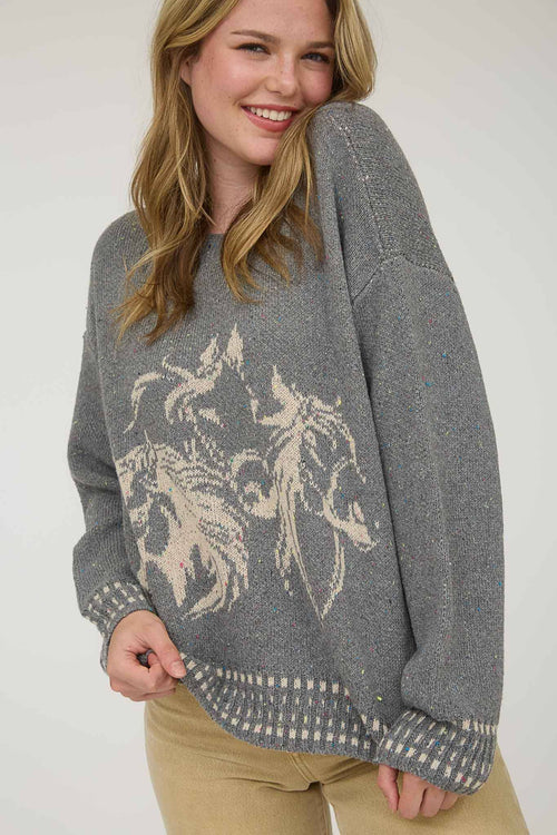 Horse Jacquard Long Long Sleeve Knit Sweater - Tan or Charcoal - Cowhide and Conchos