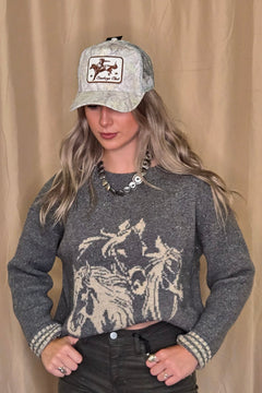 Horse Jacquard Long Long Sleeve Knit Sweater - Tan or Charcoal - Cowhide and Conchos