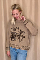 Horse Jacquard Long Long Sleeve Knit Sweater - Tan or Charcoal - Cowhide and Conchos