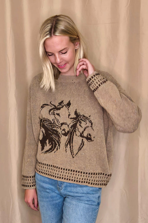 Horse Jacquard Long Long Sleeve Knit Sweater - Tan or Charcoal - Cowhide and Conchos