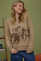 Horse Jacquard Long Long Sleeve Knit Sweater - Tan or Charcoal - Cowhide and Conchos