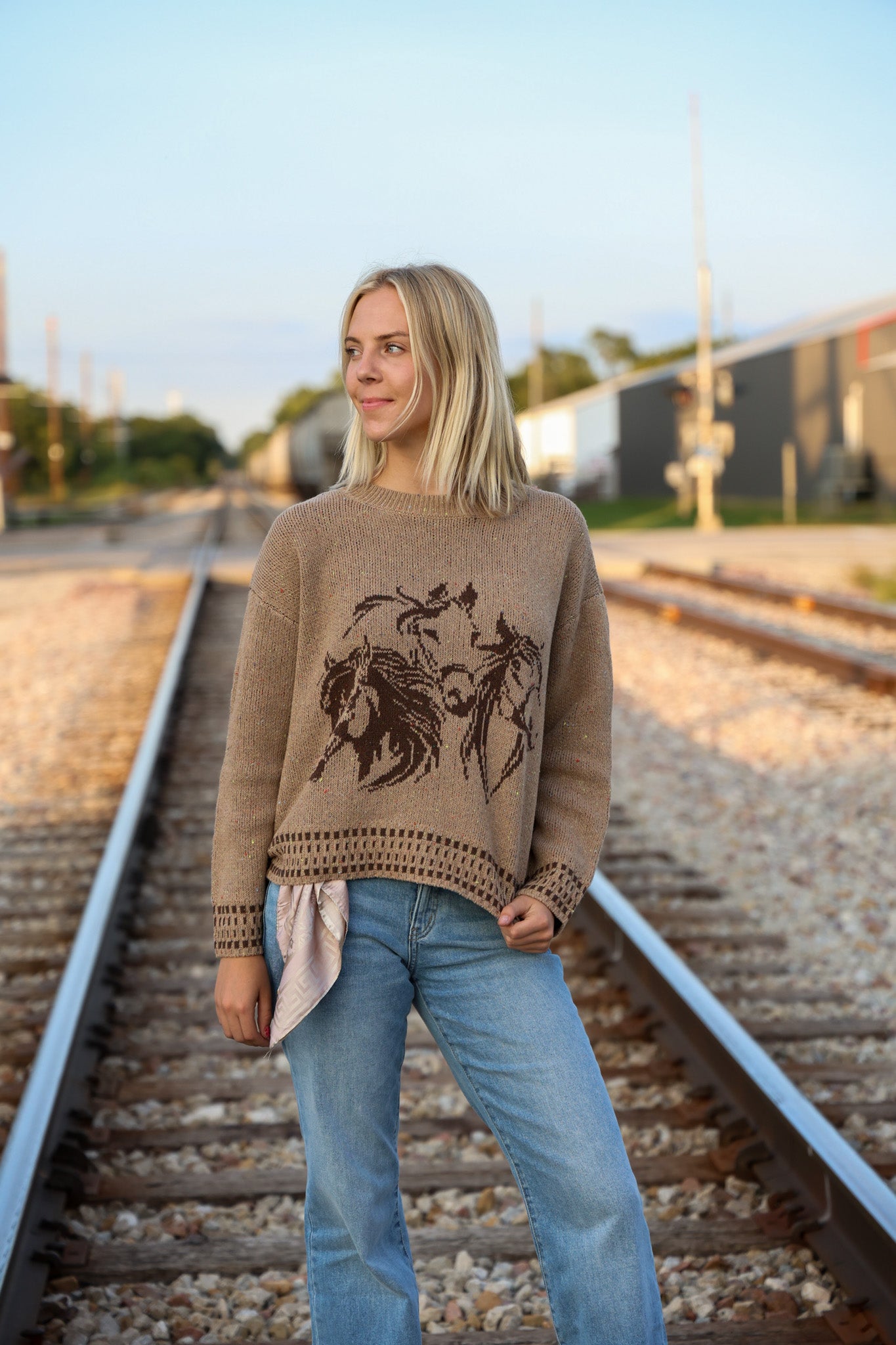Horse Jacquard Long Long Sleeve Knit Sweater - Tan or Charcoal - Cowhide and Conchos