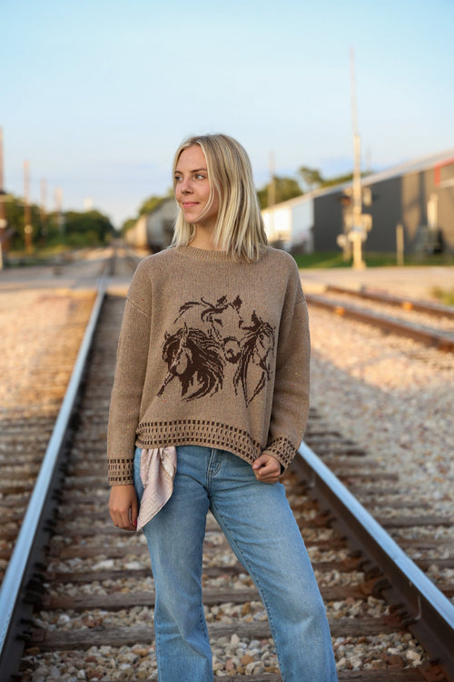 Horse Jacquard Long Long Sleeve Knit Sweater - Tan or Charcoal - Cowhide and Conchos