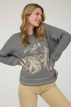 Horse Jacquard Long Long Sleeve Knit Sweater - Tan or Charcoal - Cowhide and Conchos