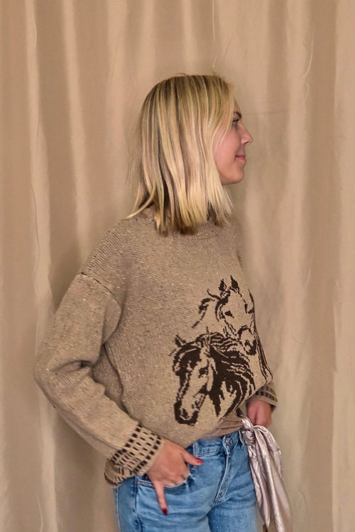 Horse Jacquard Long Long Sleeve Knit Sweater - Tan or Charcoal - Cowhide and Conchos