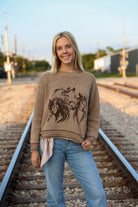 Horse Jacquard Long Long Sleeve Knit Sweater - Tan or Charcoal - Cowhide and Conchos