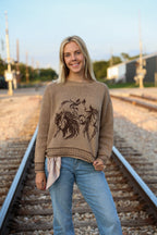 Horse Jacquard Long Long Sleeve Knit Sweater - Tan or Charcoal - Cowhide and Conchos