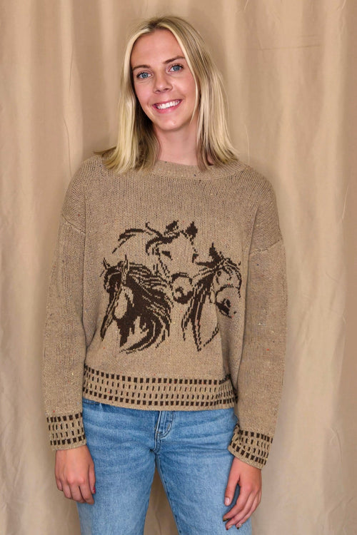 Horse Jacquard Long Long Sleeve Knit Sweater - Tan or Charcoal - Cowhide and Conchos