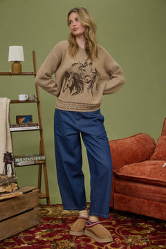 Horse Jacquard Long Long Sleeve Knit Sweater - Tan or Charcoal - Cowhide and Conchos
