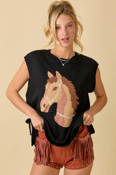 Horse Sweater Knit Top - Cowhide and Conchos