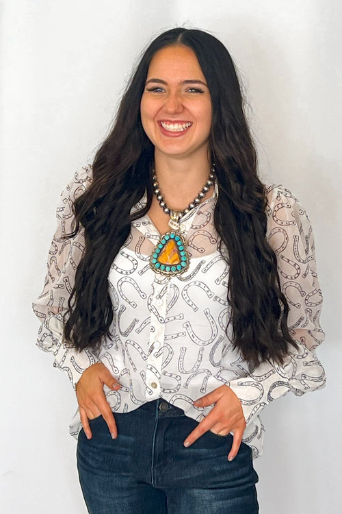 Horseshoe Print Blouse - Cowhide and Conchos