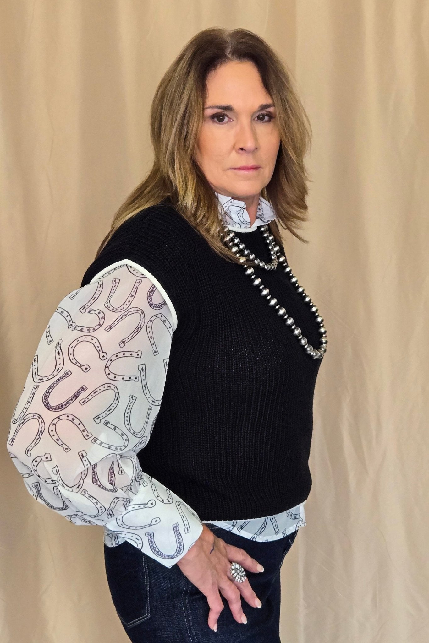 Horseshoe Print Blouse - Cowhide and Conchos