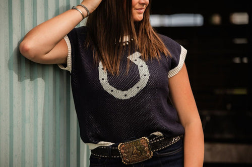 Horseshoe Short Sleeve Knit Sweater - Cowhide and Conchos