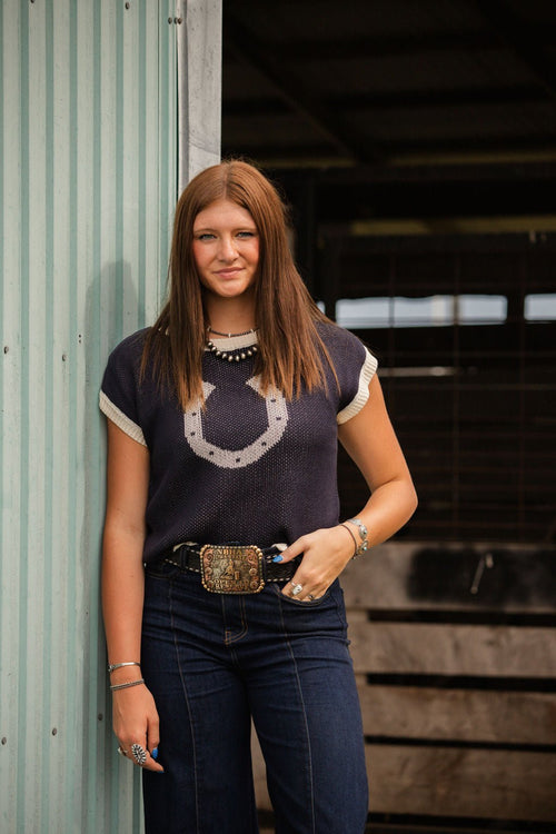 Horseshoe Short Sleeve Knit Sweater - Cowhide and Conchos