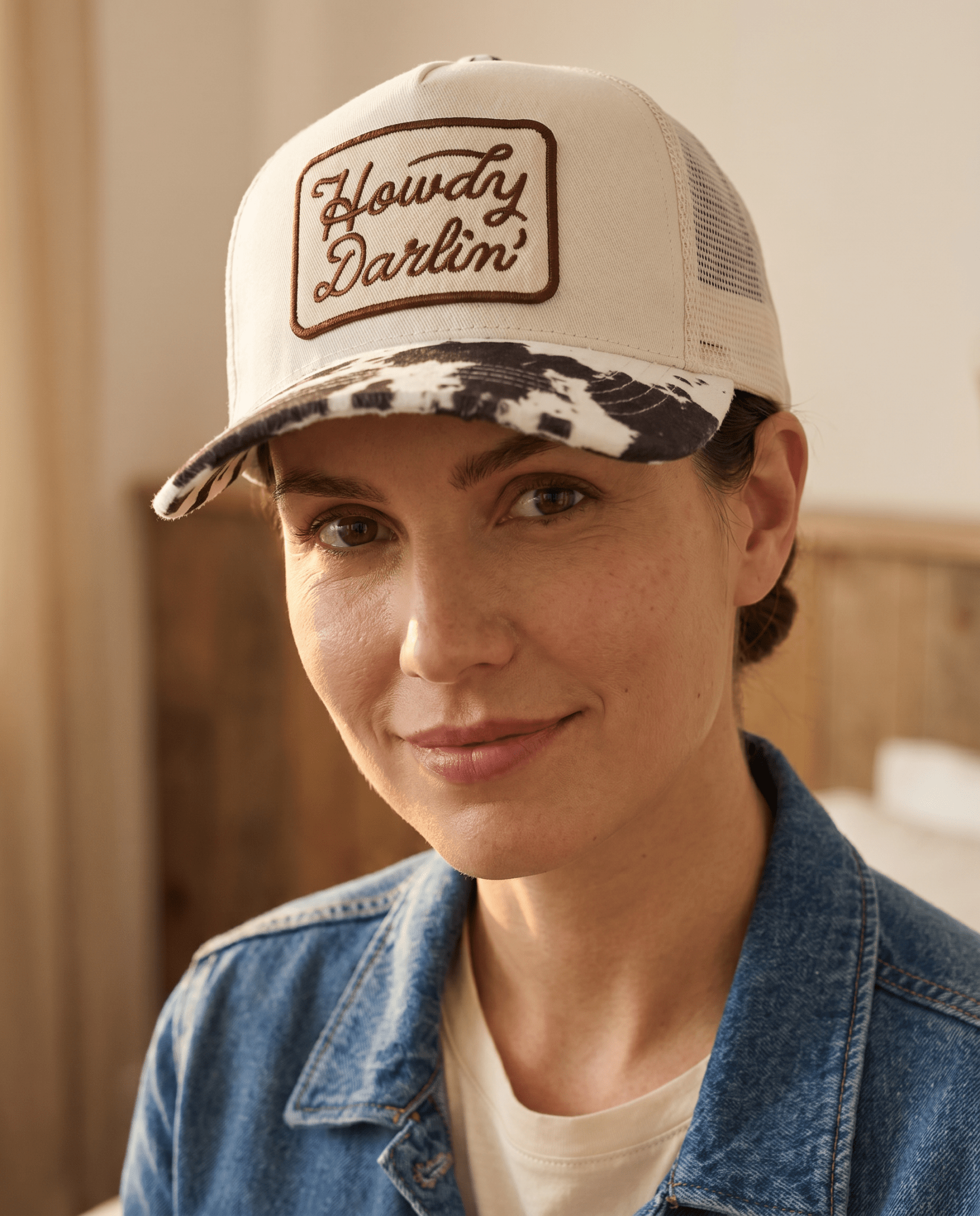 Howdy Darlin' Embroidered Patch Cow Print Trucker Hat - Cowhide and Conchos