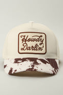 Howdy Darlin' Embroidered Patch Cow Print Trucker Hat - Cowhide and Conchos