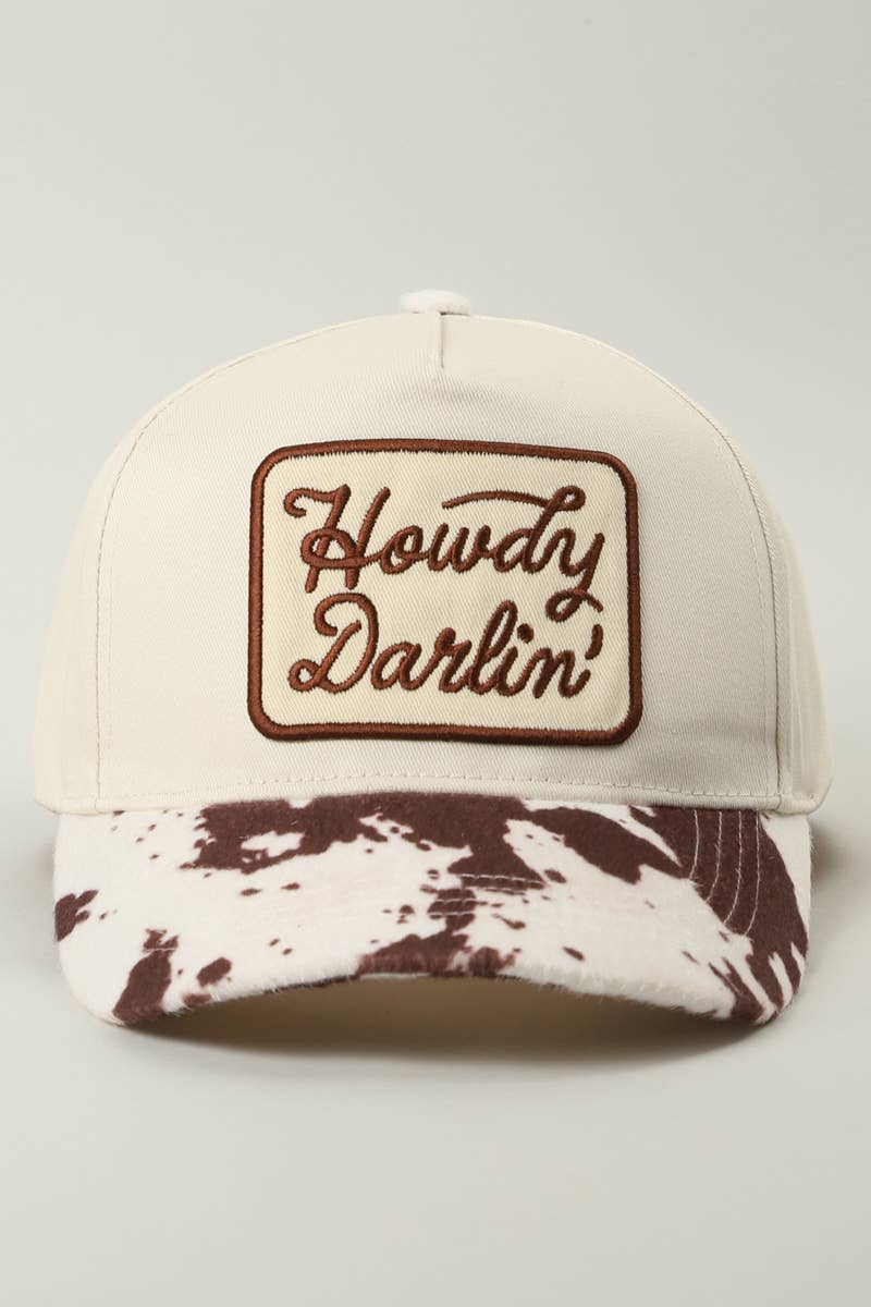 Howdy Darlin' Embroidered Patch Cow Print Trucker Hat - Cowhide and Conchos