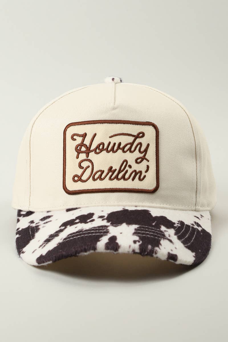 Howdy Darlin' Embroidered Patch Cow Print Trucker Hat - Cowhide and Conchos