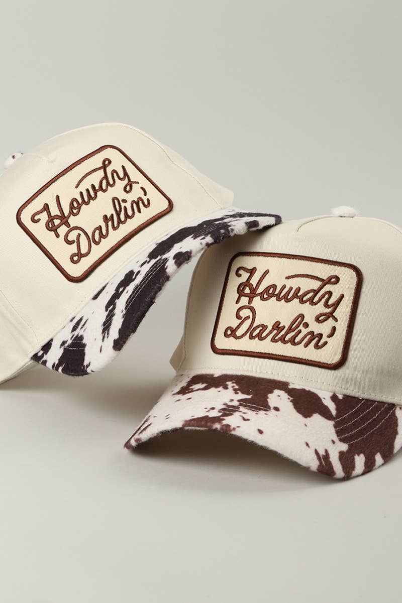 Howdy Darlin' Embroidered Patch Cow Print Trucker Hat - Cowhide and Conchos