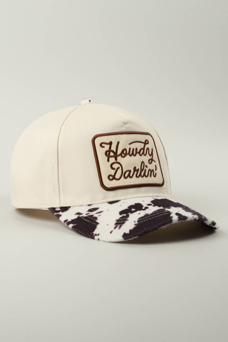 Howdy Darlin' Embroidered Patch Cow Print Trucker Hat - Cowhide and Conchos