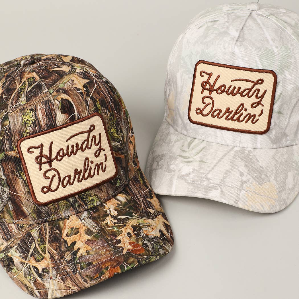 Howdy Darlin' Embroidery Patch Camo Trucker Hat - Cowhide and Conchos