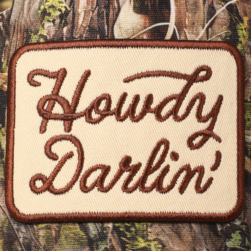 Howdy Darlin' Embroidery Patch Camo Trucker Hat - Cowhide and Conchos