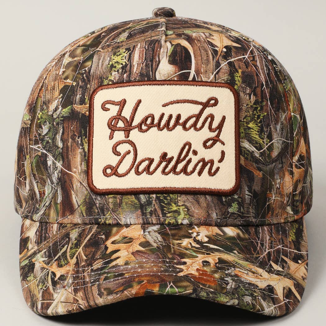 Howdy Darlin' Embroidery Patch Camo Trucker Hat - Cowhide and Conchos