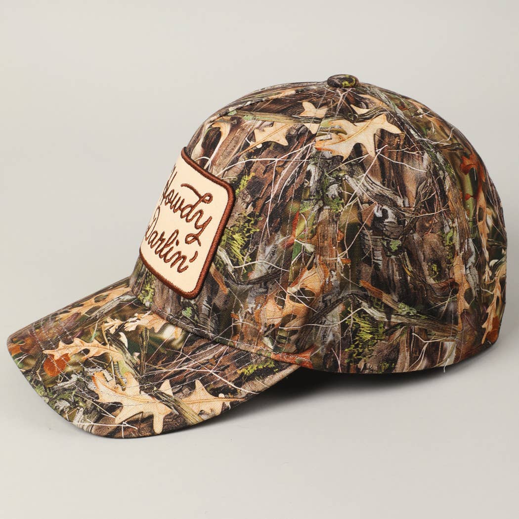 Howdy Darlin' Embroidery Patch Camo Trucker Hat - Cowhide and Conchos