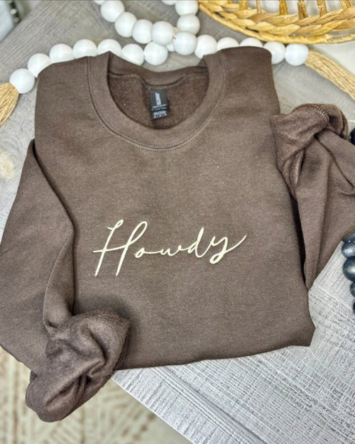 Howdy Embroidered Sweatshirt - Cowhide and Conchos