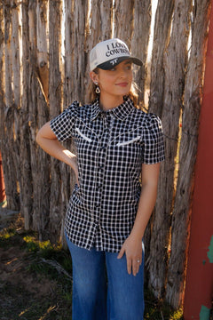 Howdy Hanny Black Gingham Short Sleeve Pearl Snap Shirt - Cowhide and Conchos