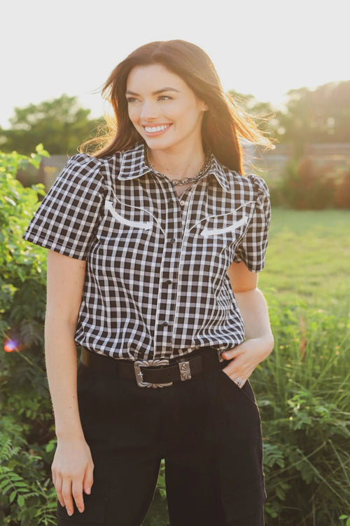 Howdy Hanny Black Gingham Short Sleeve Pearl Snap Shirt - Cowhide and Conchos