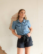 Howdy Hanny Women's Light Blue Short Sleeve Pearl Snap Shirt - Cowhide and Conchos