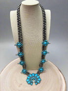Huge Double Strand Faux Turquoise Squash Blossom Statement Necklace - 32 inch + 3 - Cowhide and Conchos