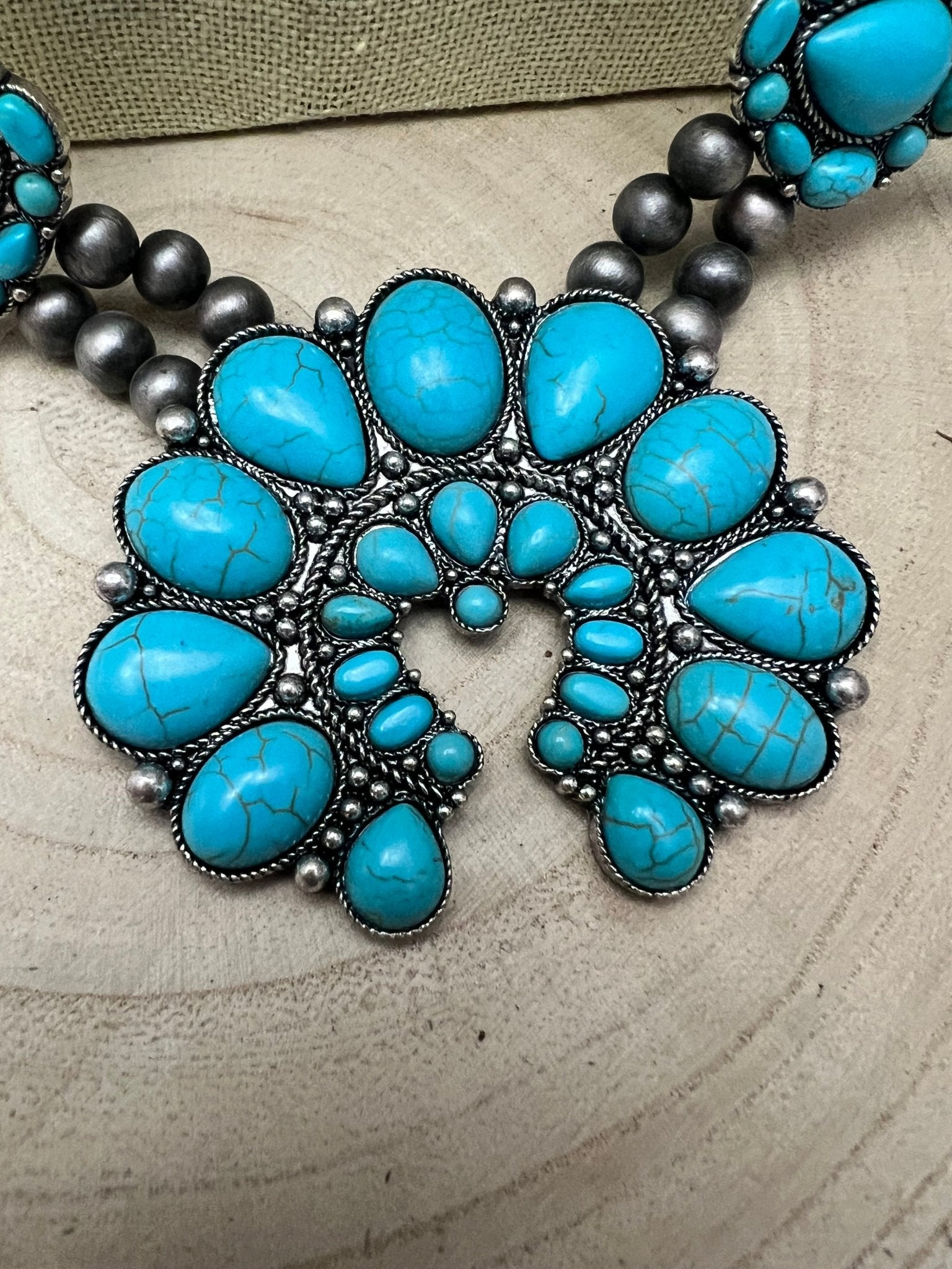 Huge Double Strand Faux Turquoise Squash Blossom Statement Necklace - 32 inch + 3 - Cowhide and Conchos