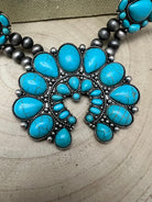 Huge Double Strand Faux Turquoise Squash Blossom Statement Necklace - 32 inch + 3 - Cowhide and Conchos